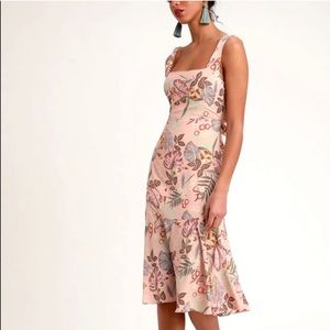 Lulu’s Floral Tie Back Flare Square Neck Midi Dress blush pink 🌸🌴